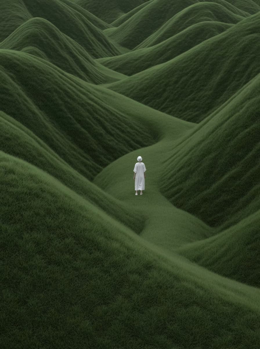 Une personne en robe blanche et chapeau marche sur un sentier herbeux sinueux à travers des collines verdoyantes ondulantes.