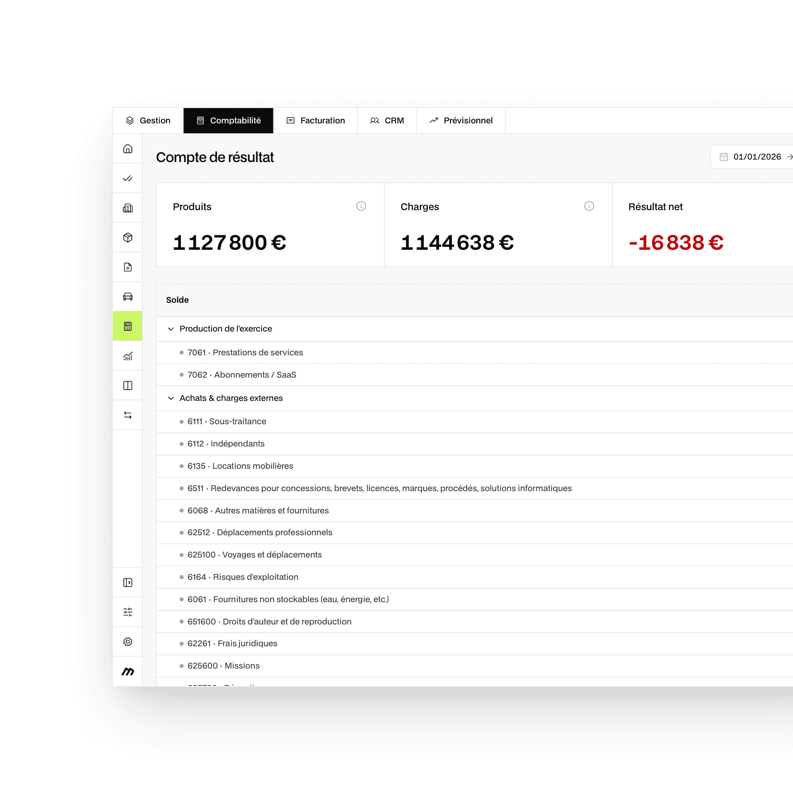 Écran « Compte de résultat » de Mandare : produits, charges et résultat net, puis le détail par compte (données de démonstration).